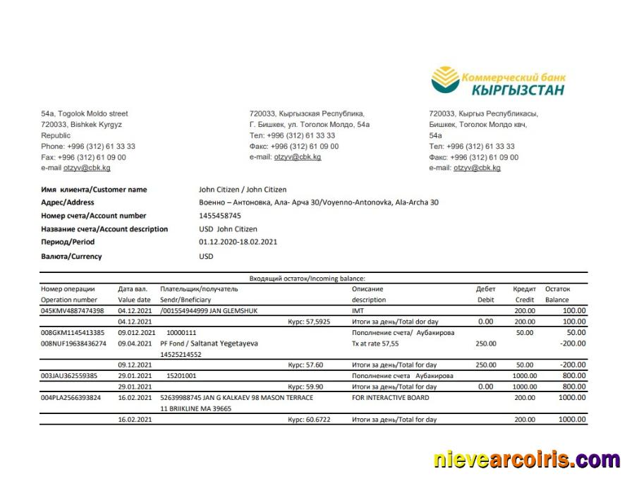 Kyrgyzstan Kirgizbank bank statement easy to fill in Excel and PDF format
